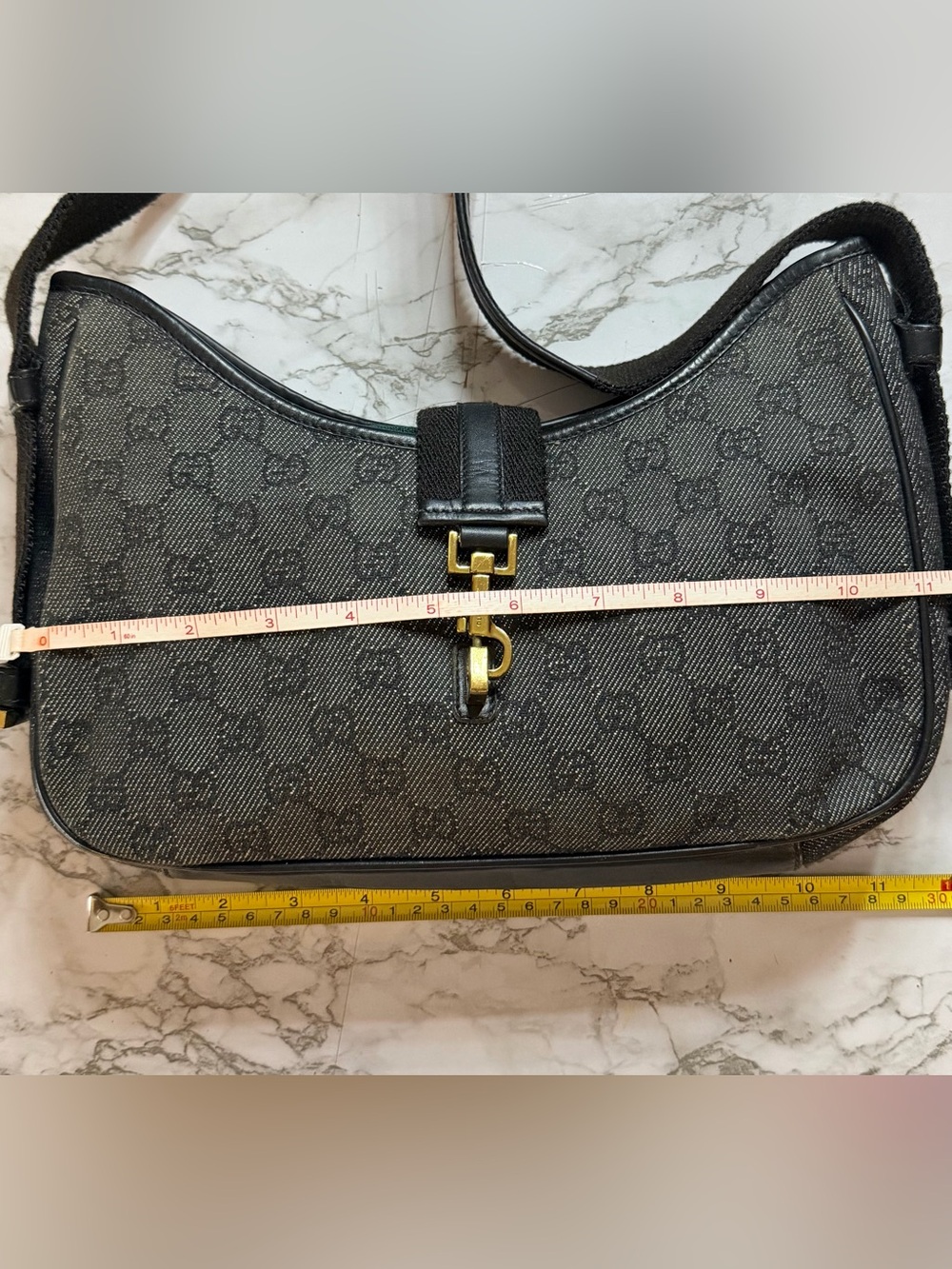 Gucci Jackie GG Denim Canvas Black Leather Trim Shoulder Bag Gold Piston Closure - Picture 9 of 12